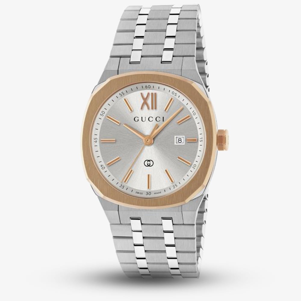 Gucci Ladies 25H Rose Gold Bezel Silver Dial Watch YA163508