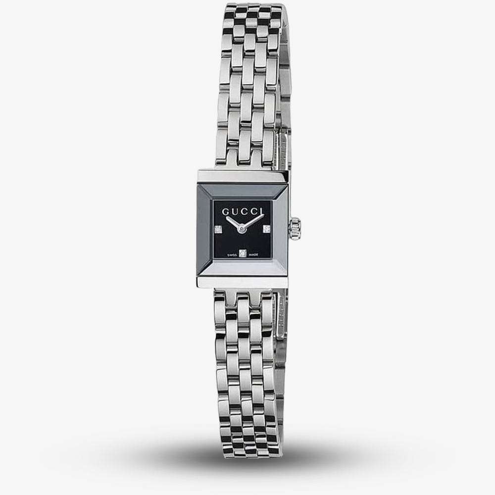 House of Watches - Gucci Ladies G-Frame Square Black Diamond Set Dial Stainless Steel Bracelet Watch YA128507
