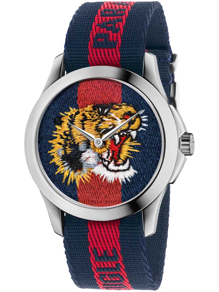 Gucci Mens Blue Red Tiger Fabric Strap 