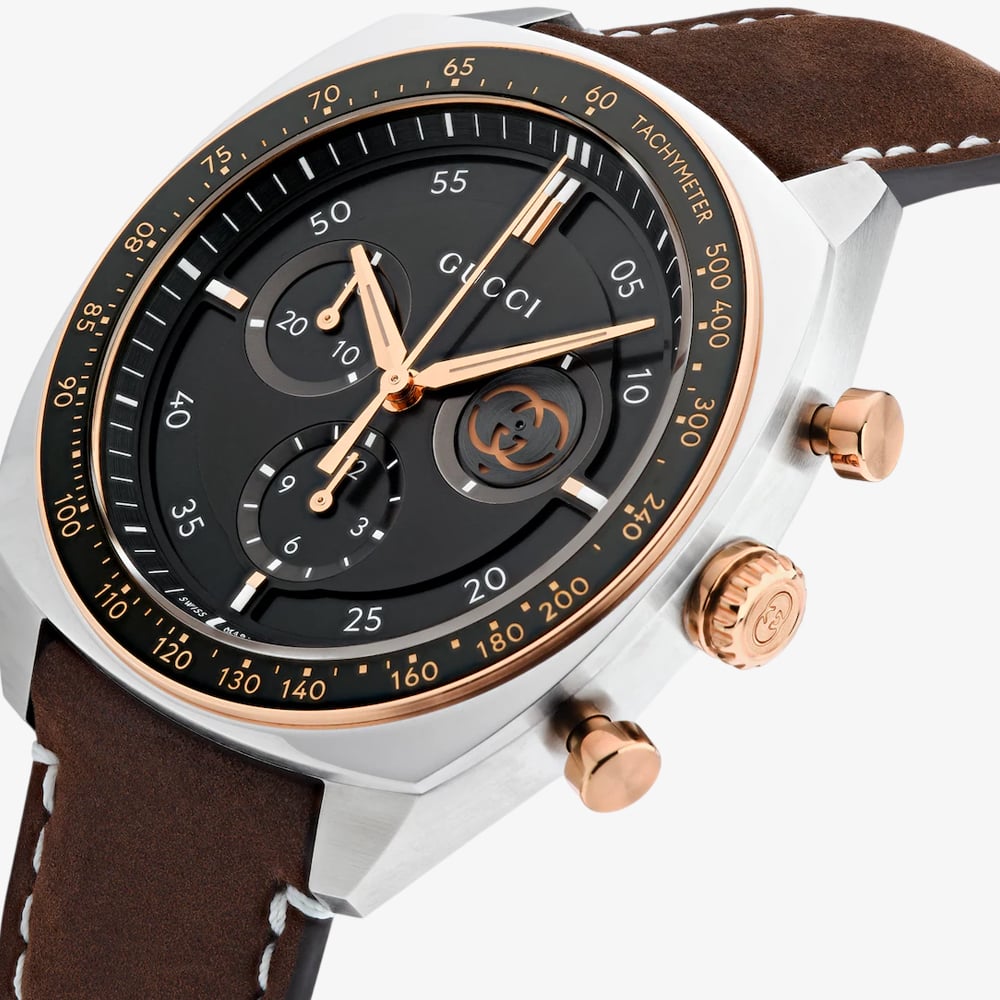 Gucci Mens Interlocking Brown Leather Strap Watch YA142335