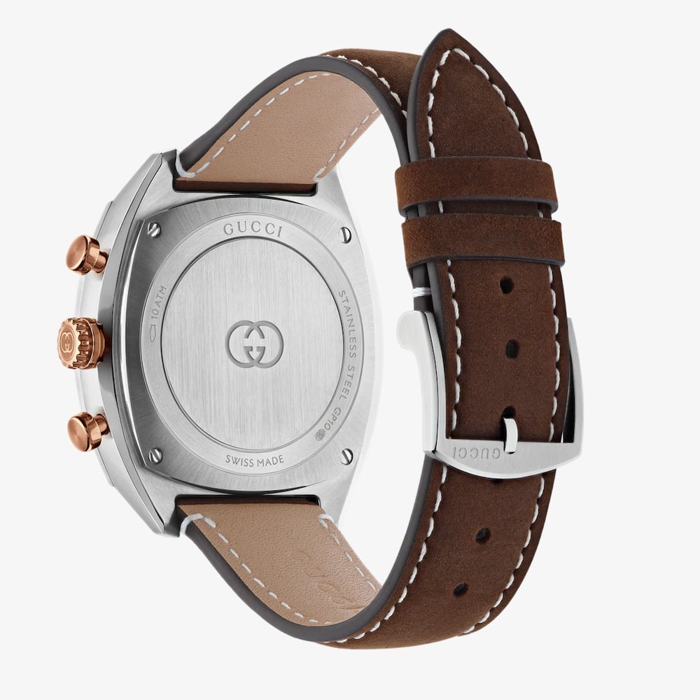 Gucci Mens Interlocking Brown Leather Strap Watch YA142335