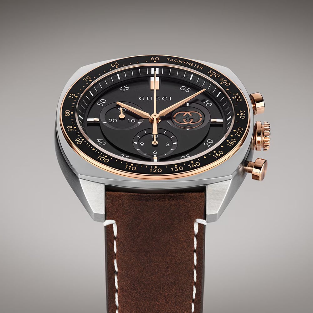 Gucci Mens Interlocking Brown Leather Strap Watch YA142335