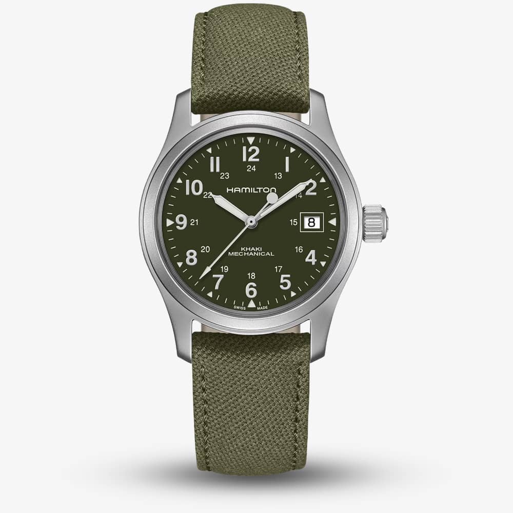 Hamilton Mens Khaki Field Mechanical 38mm Green Canvas Strap Watch H69439363