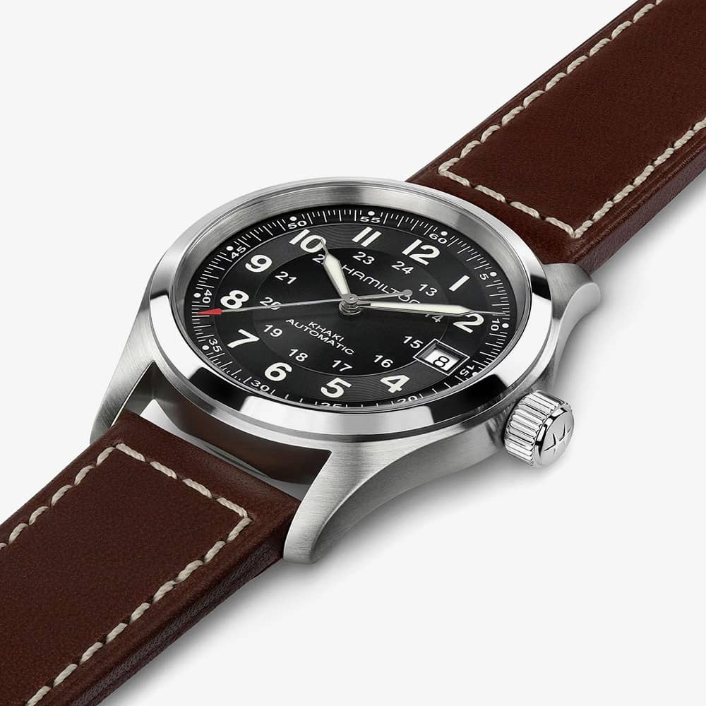 Hamilton Khaki Field black & Brown Leather Automatic Watch H70455533