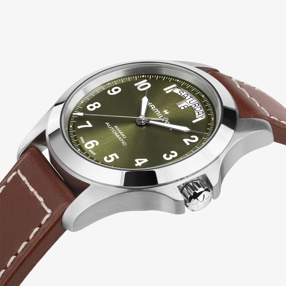 Hamilton Mens Khaki Field King Day Date Green Dial Brown Leather Strap H64475560