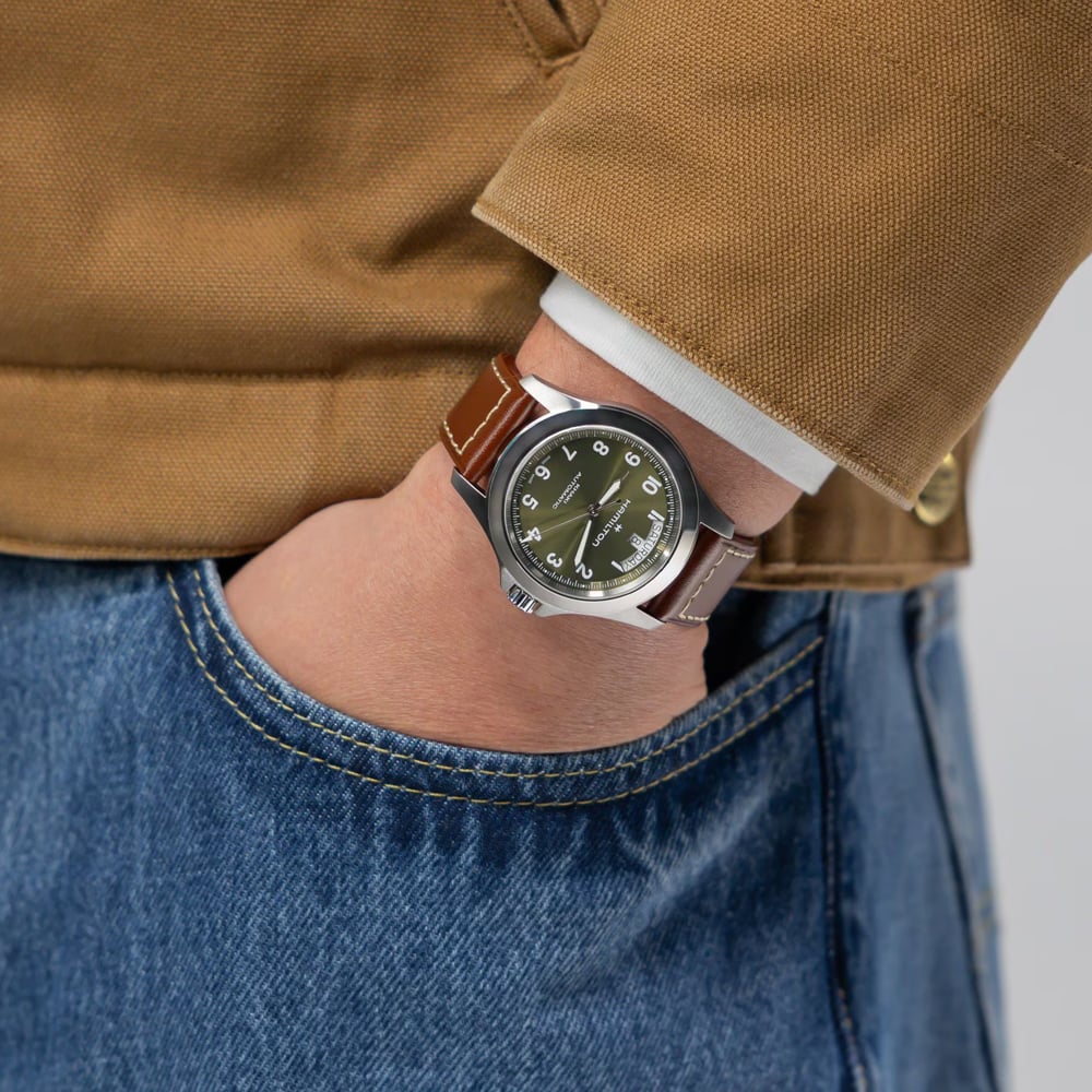 Hamilton Mens Khaki Field King Day Date Green Dial Brown Leather Strap H64475560