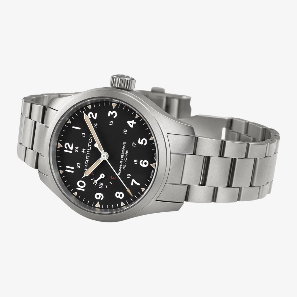 Hamilton Mens Khaki Field Mechanical Power Reserve Black Dial Watch H69509140