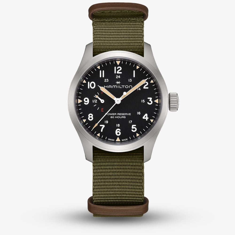 House of Watches - Hamilton Mens Khaki Field Mechanical Power Reserve Green Fabric Strap Watch H69509960