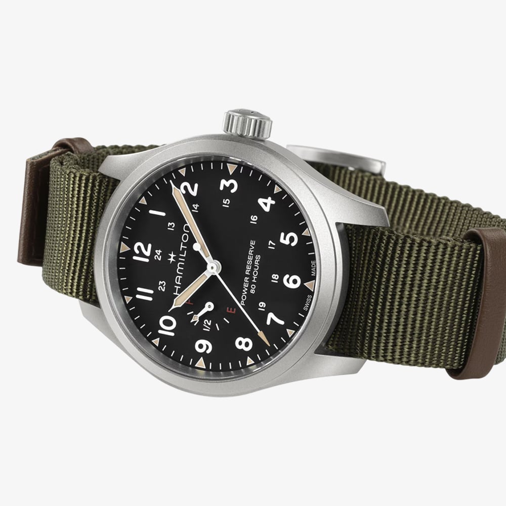 Hamilton Mens Khaki Field Mechanical Power Reserve Green Fabric Strap Watch H69509960
