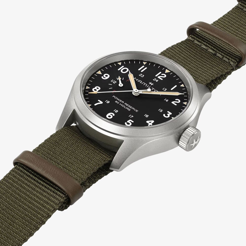 Hamilton Mens Khaki Field Mechanical Power Reserve Green Fabric Strap Watch H69509960