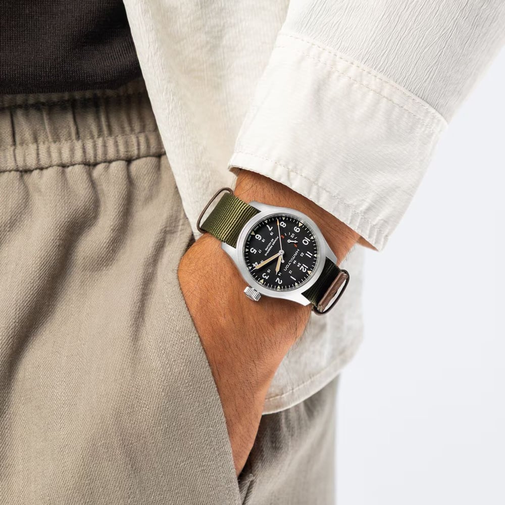 Hamilton Mens Khaki Field Mechanical Power Reserve Green Fabric Strap Watch H69509960