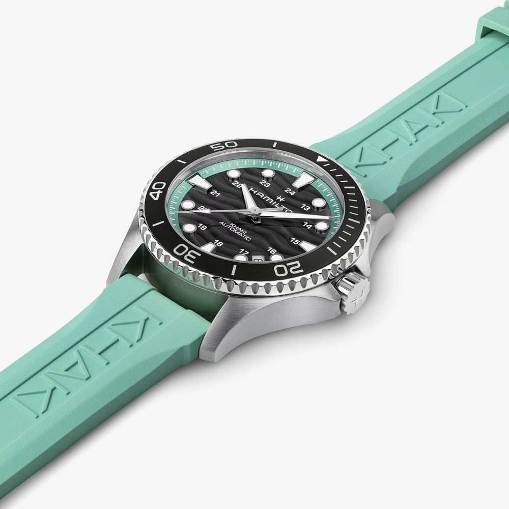 Hamilton Mens Khaki Navy Scuba Turquoise Rubber Strap Watch H82415331