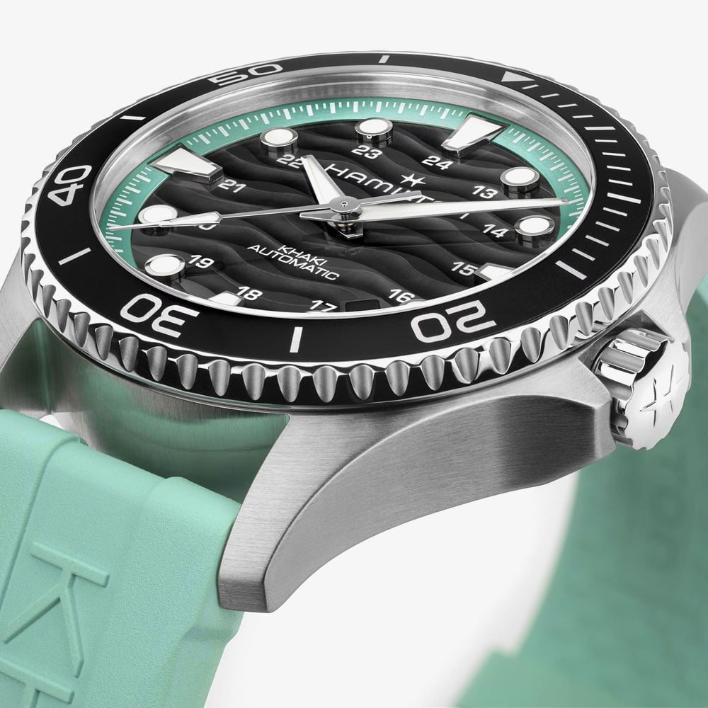 Hamilton Mens Khaki Navy Scuba Turquoise Rubber Strap Watch H82415331