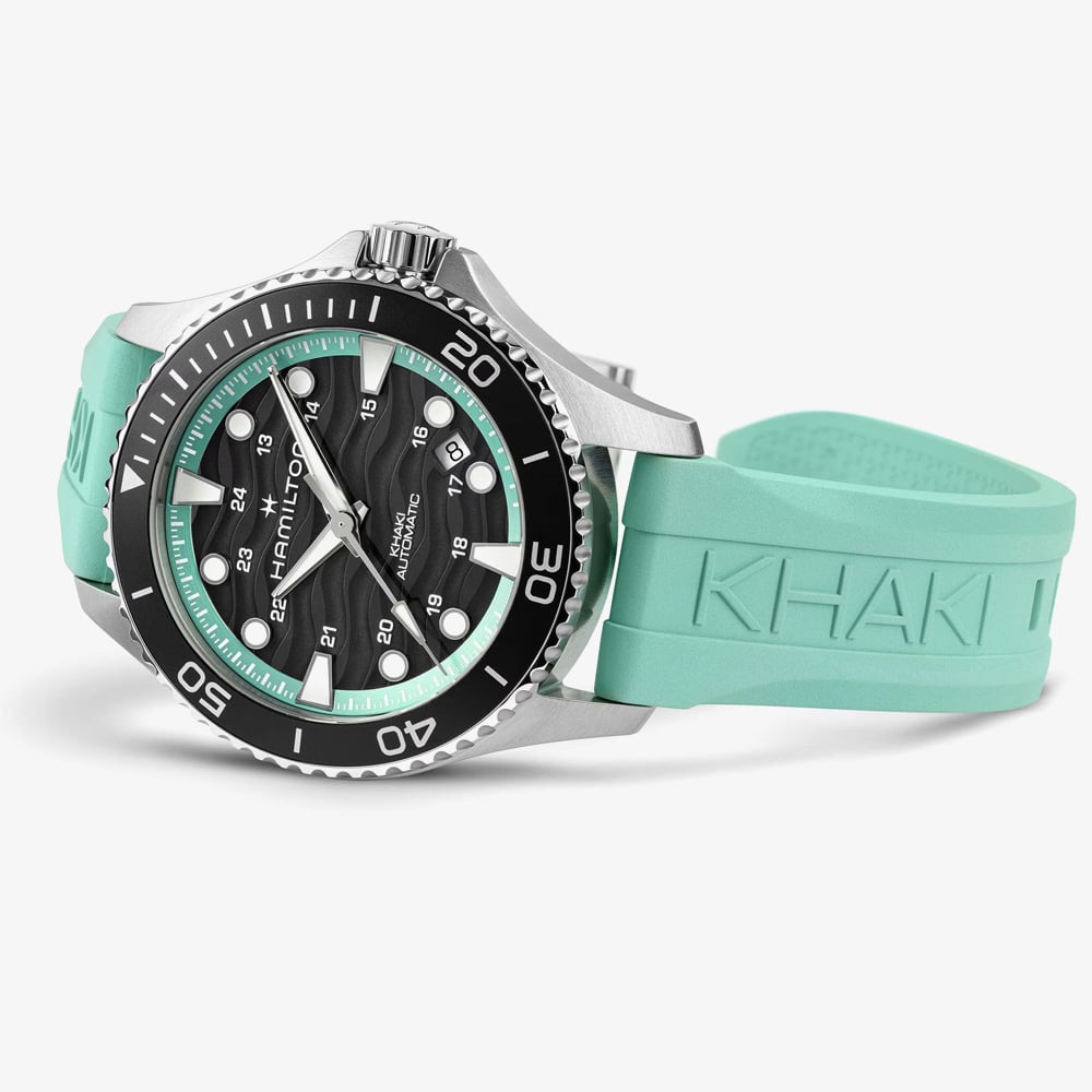 Hamilton Mens Khaki Navy Scuba Turquoise Rubber Strap Watch H82415331