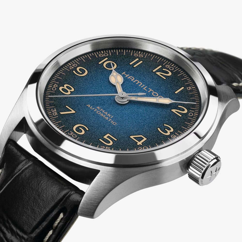 Hamilton Mens Khaki Field Murph Blue Dial Black Leather Strap Watch H70405740