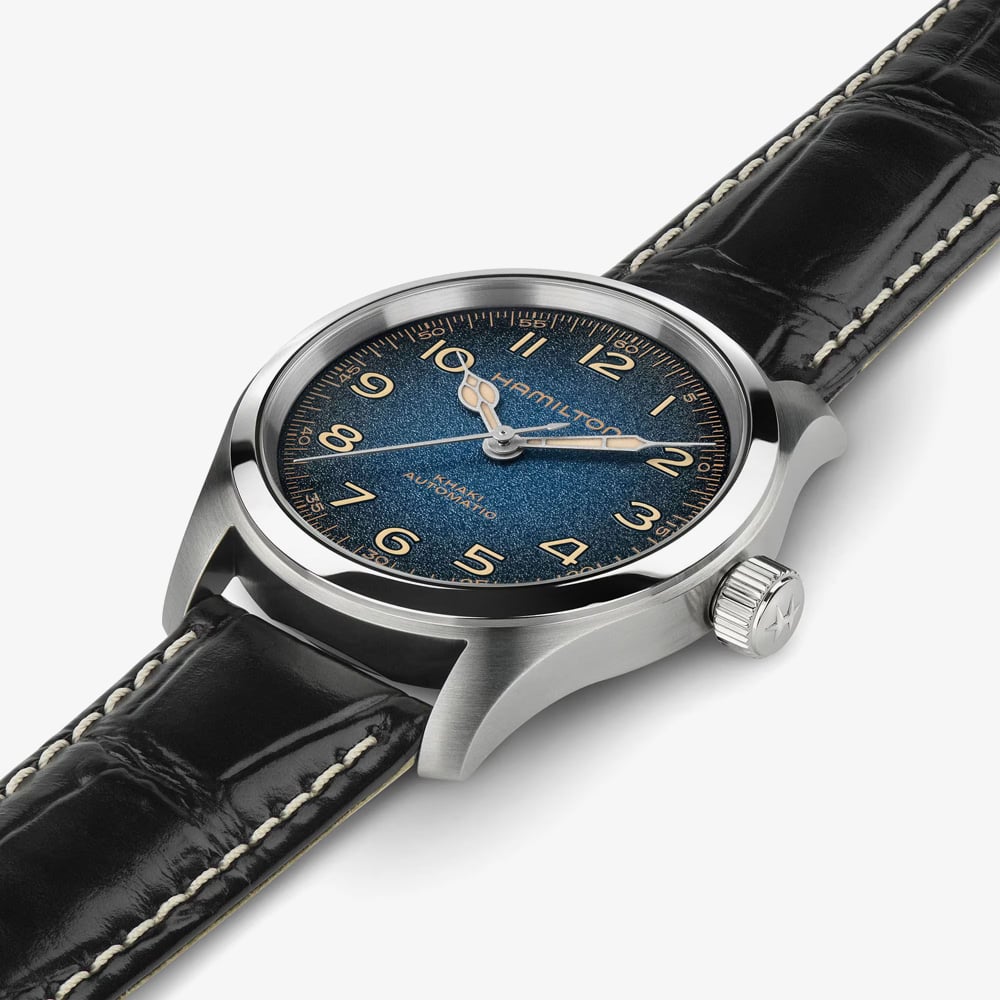 Hamilton Mens Khaki Field Murph Blue Dial Black Leather Strap Watch H70405740