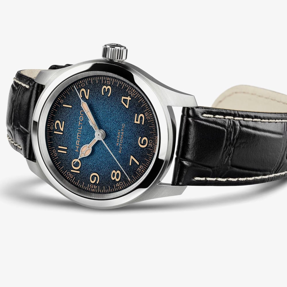 Hamilton Mens Khaki Field Murph Blue Dial Black Leather Strap Watch H70405740