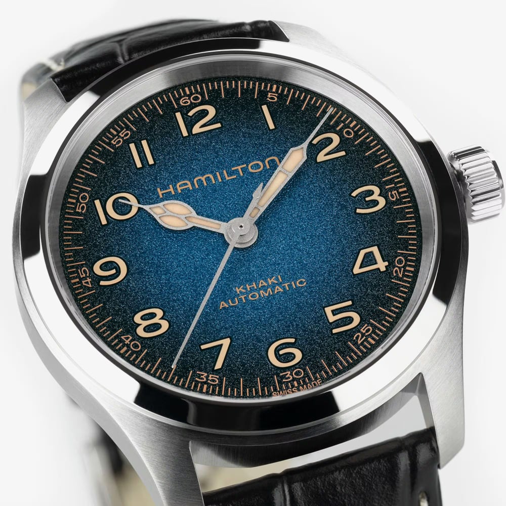 Hamilton Mens Khaki Field Murph Blue Dial Black Leather Strap Watch H70405740
