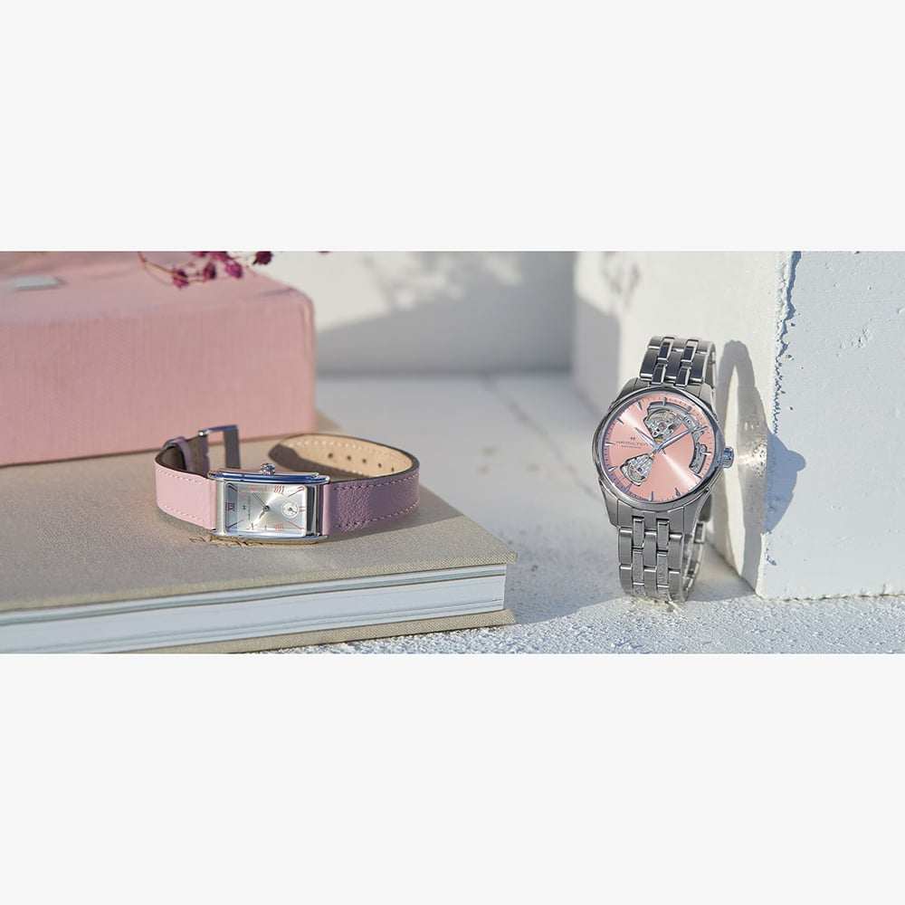 Hamilton Ladies Jazzmaster Open Heart Auto Pink Skeleton Bracelet Watch H32215170