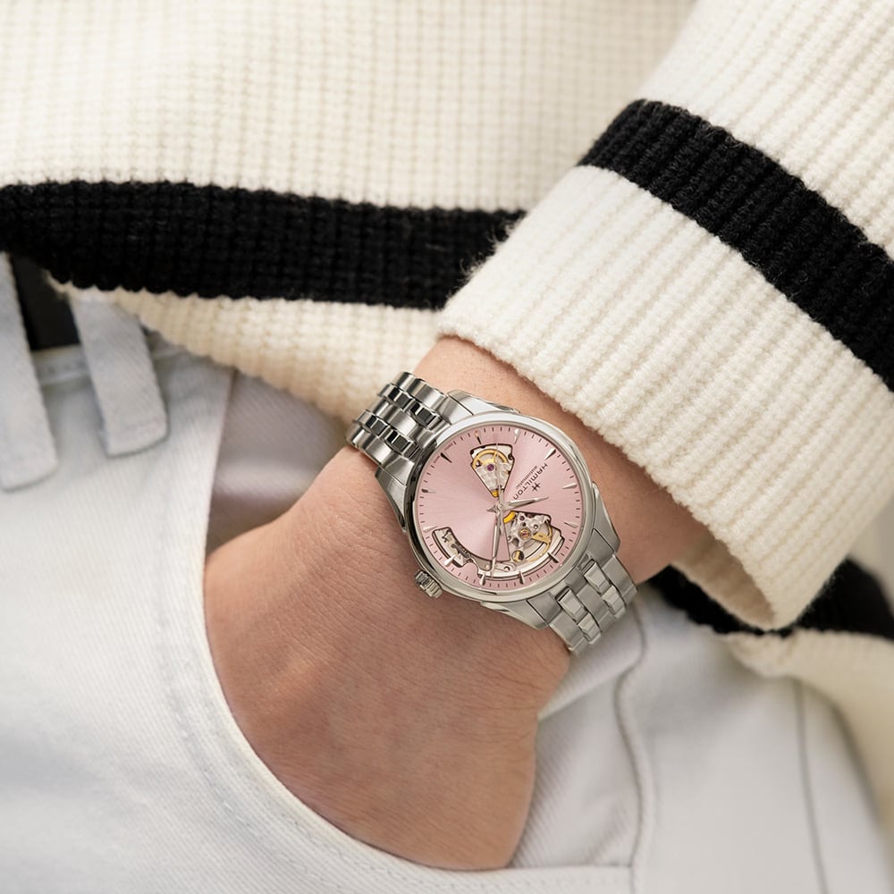 Hamilton Ladies Jazzmaster Open Heart Auto Pink Skeleton Bracelet Watch H32215170