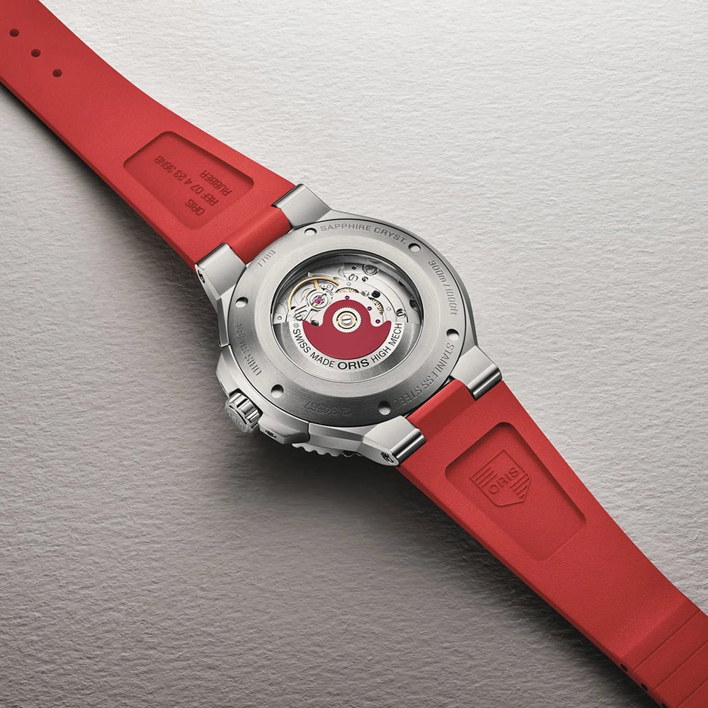 Oris Mens Aquis Date Relief Sunray Grey Dial Red Rubber Strap Watch 01 733 7789 4153-07 4 23 36FC