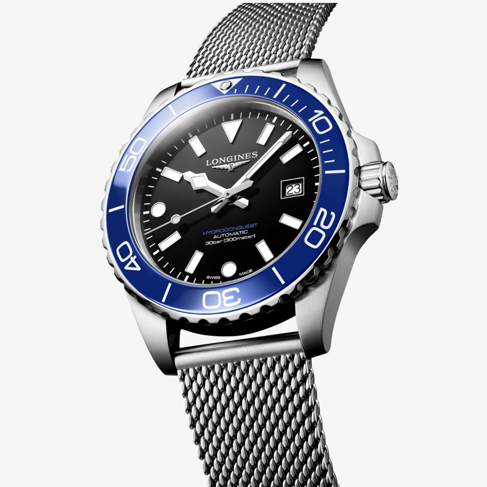 Longines Mens Hydroconquest Automatic 42mm Blue Bezel Mesh Bracelet Watch L3.788.4.90.6