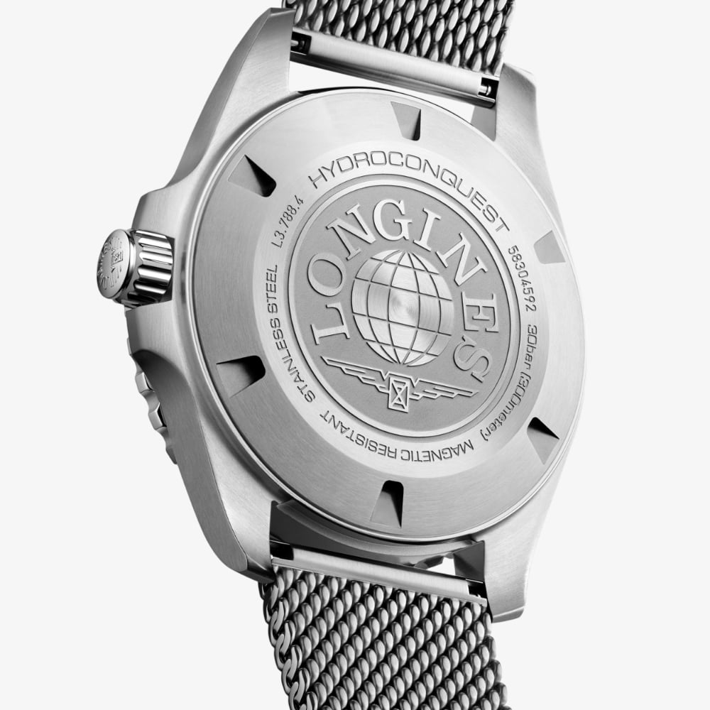 Longines Mens Hydroconquest Automatic 42mm Blue Bezel Mesh Bracelet Watch L3.788.4.90.6