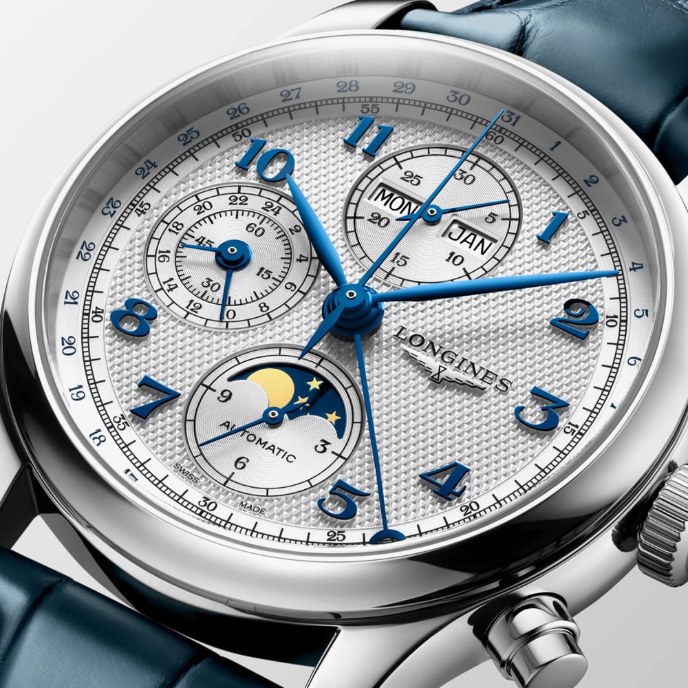 Longines Mens Master Collection Chronograph Moonpase Leather Strap Watch L2.962.4.73.2