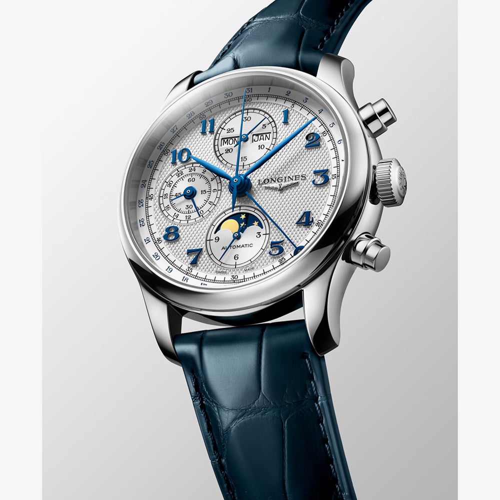 Longines Mens Master Collection Chronograph Moonpase Leather Strap Watch L2.962.4.73.2