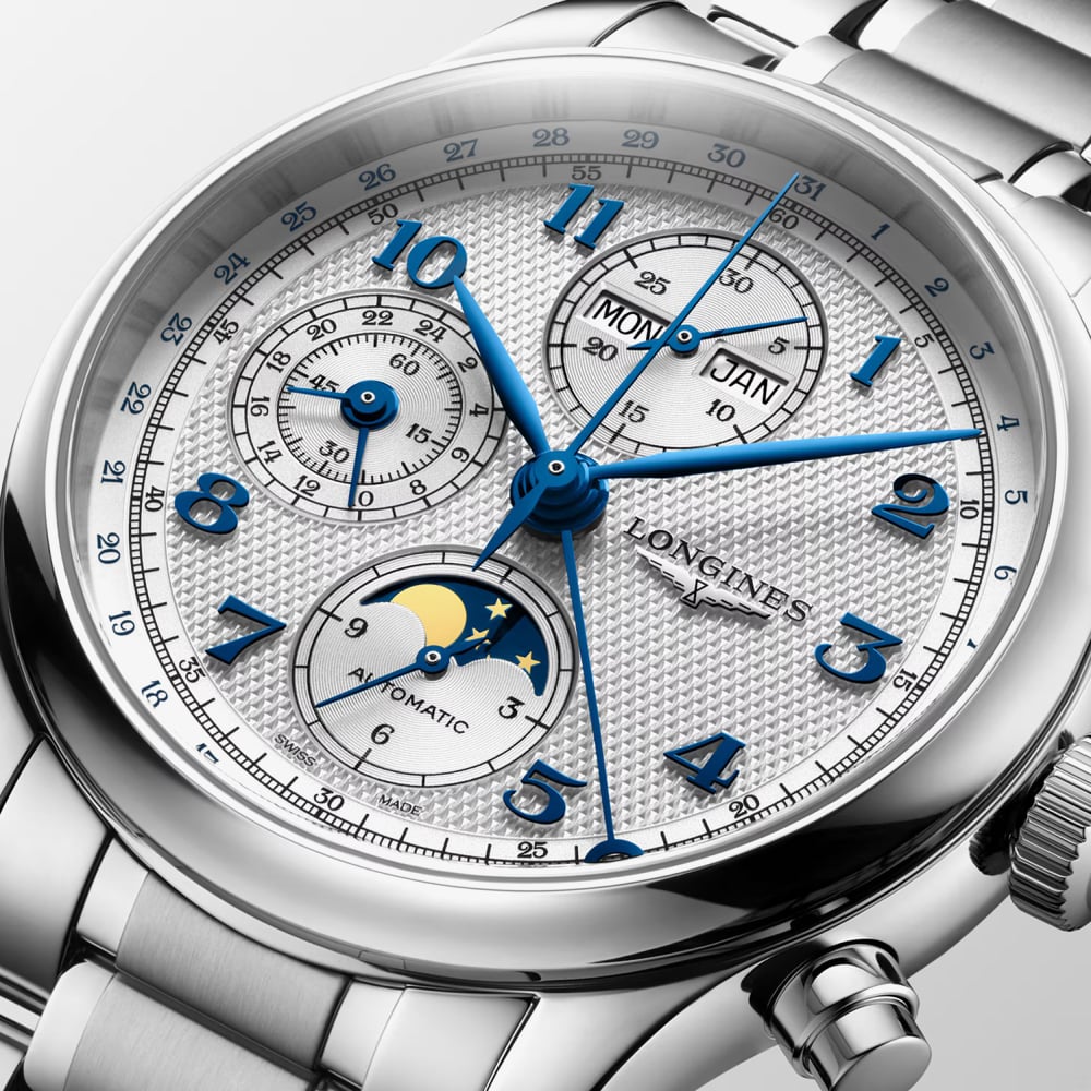 Longines Mens Master Collection Chronograph Moonphase Silver Dial Bracelet Watch L2.962.4.73.6