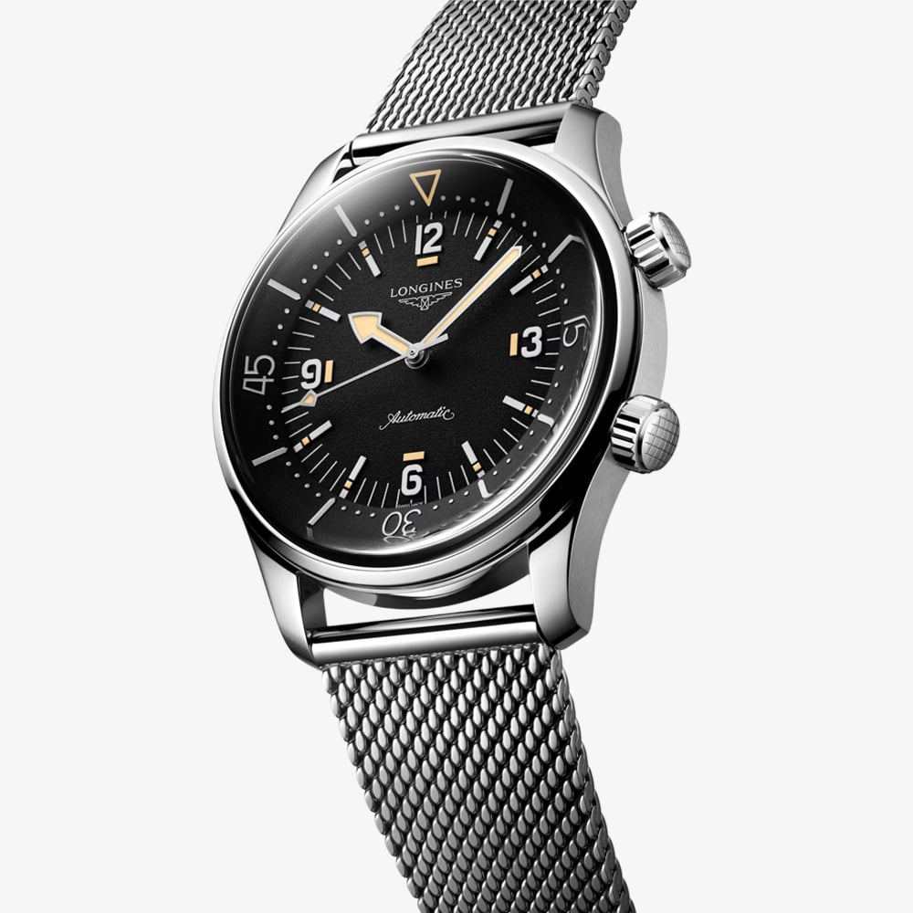 Longines Mens Legend Diver Black Dial Stainless Steel Mesh Bracelet Watch L3.795.4.59.9