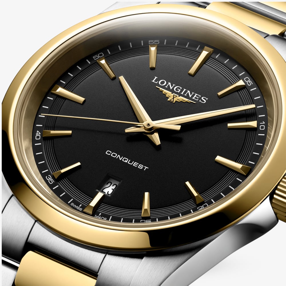 Longines Mens Conquest Black Dial Two-Tone Stainless Steel Bracelet Watch L3.860.3.52.7