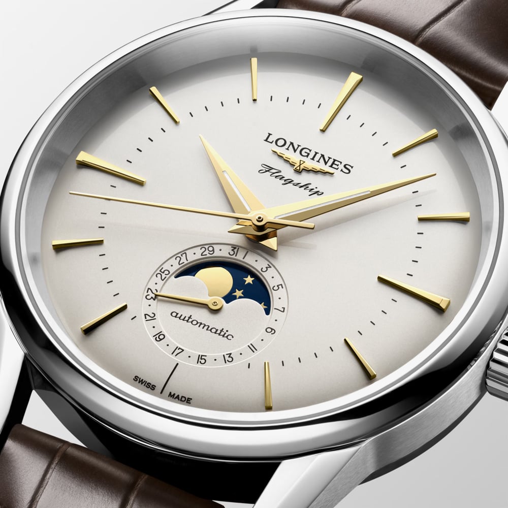 Longines Mens Flagship Heritage Moonphase Ivory Dial Leather Strap Watch L4.815.4.78.2