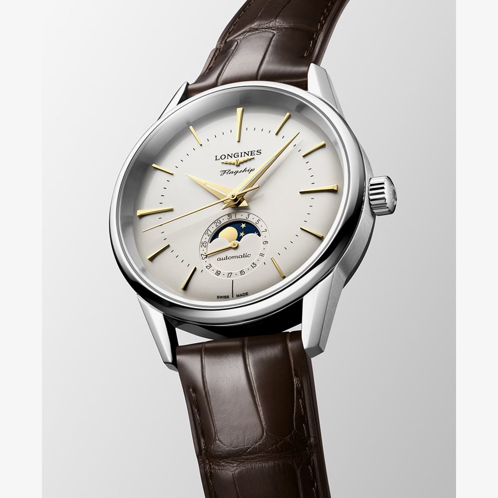 Longines Mens Flagship Heritage Moonphase Ivory Dial Leather Strap Watch L4.815.4.78.2