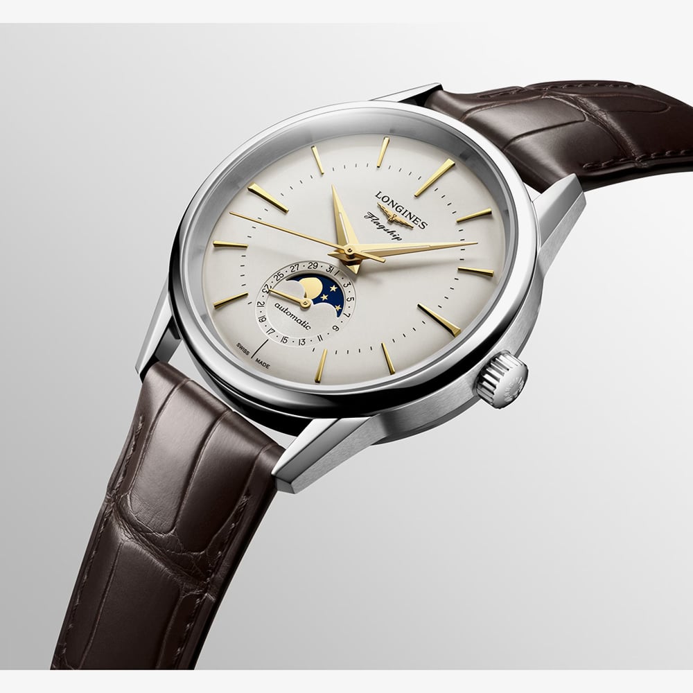 Longines Mens Flagship Heritage Moonphase Ivory Dial Leather Strap Watch L4.815.4.78.2