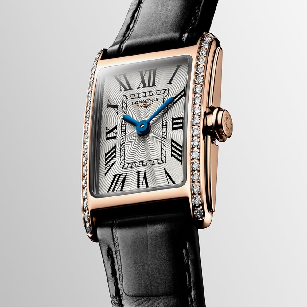 Longines Ladies DolceVita 18ct Rose Gold Diamond Set Black Leather Strap Watch L5.258.9.71.0