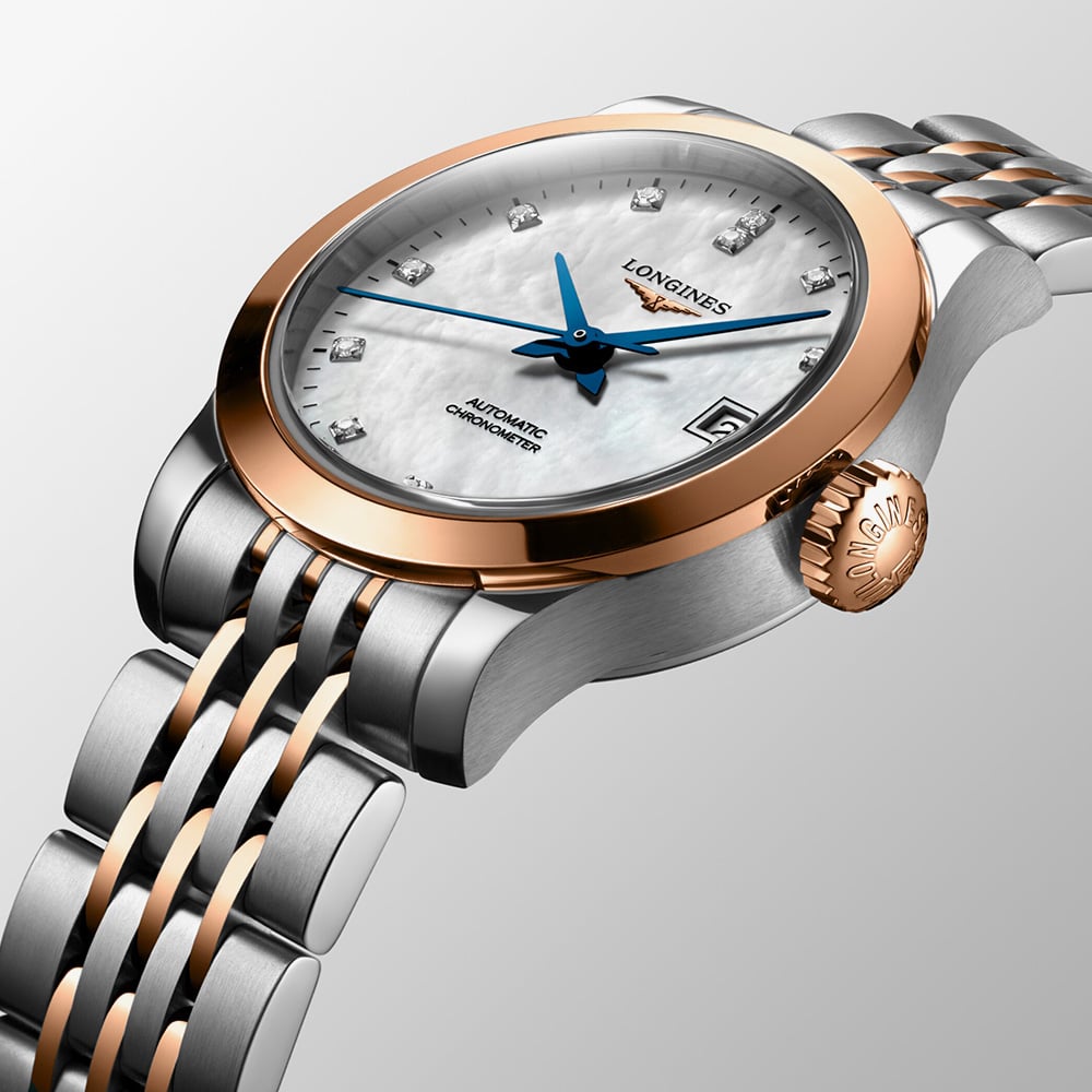 Longines Ladies Record Diamond Set Mother Of Pearl Dial Two Colour Bracelet Watch L2.320.5.87.7