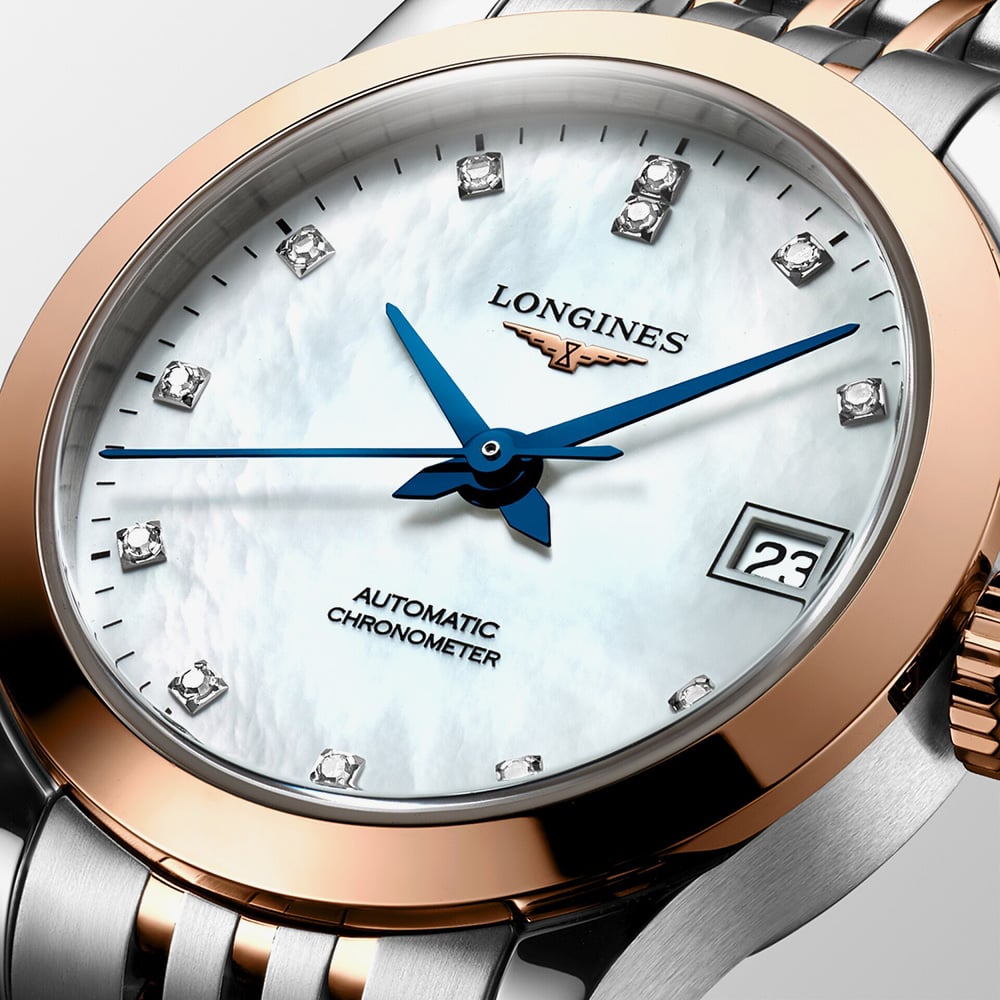 Longines Ladies Record Diamond Set Mother Of Pearl Dial Two Colour Bracelet Watch L2.320.5.87.7
