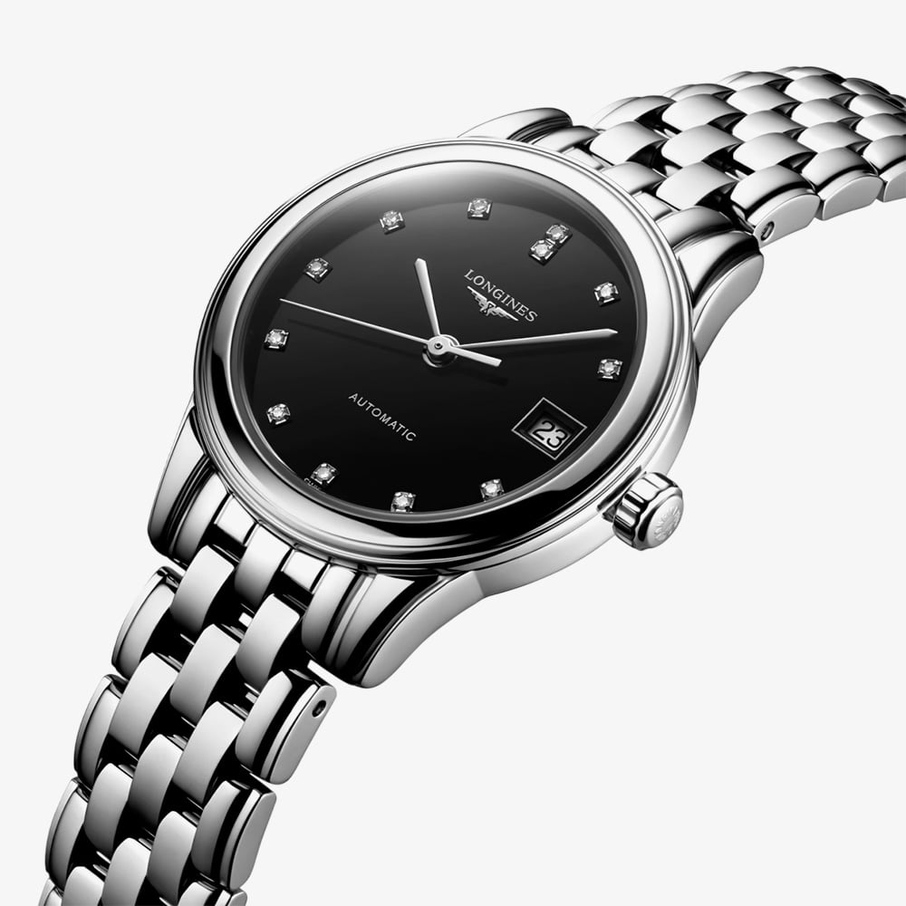 Longines Ladies Flagship Diamond Set Black Dial Bracelet Watch L4.274.4.57.6