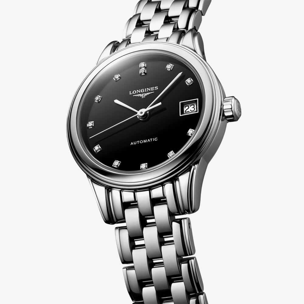 Longines Ladies Flagship Diamond Set Black Dial Bracelet Watch L4.274.4.57.6