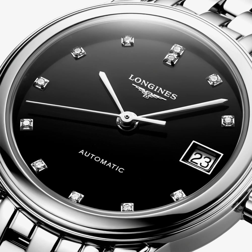 Longines Ladies Flagship Diamond Set Black Dial Bracelet Watch L4.274.4.57.6