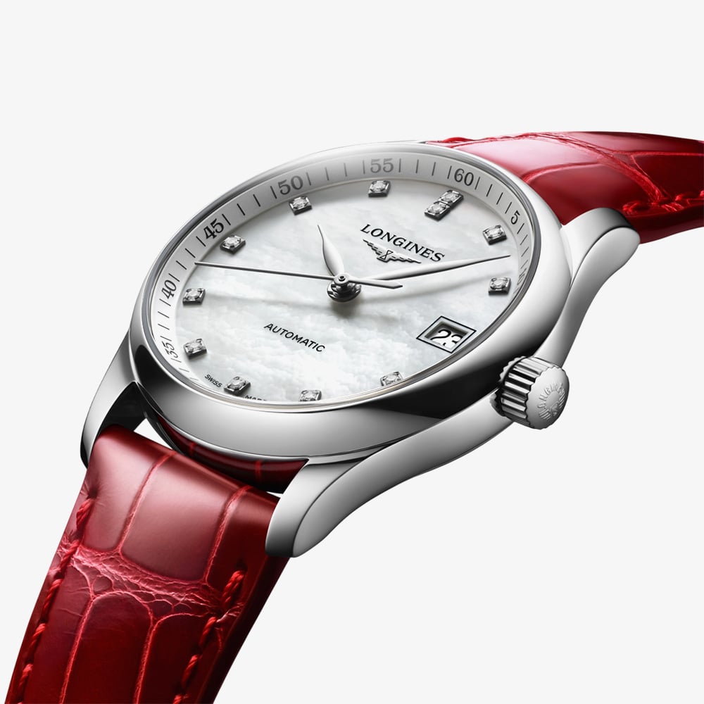 Longines Ladies Master Mother Of Pearl & Red Strap Watch L2.357.4.87.2