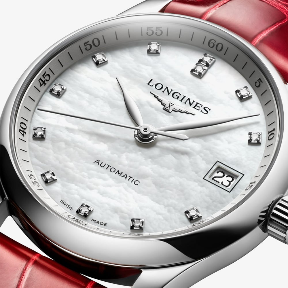 Longines Ladies Master Mother Of Pearl & Red Strap Watch L2.357.4.87.2
