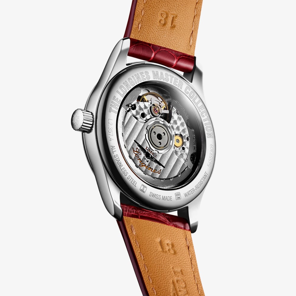 Longines Ladies Master Mother Of Pearl & Red Strap Watch L2.357.4.87.2