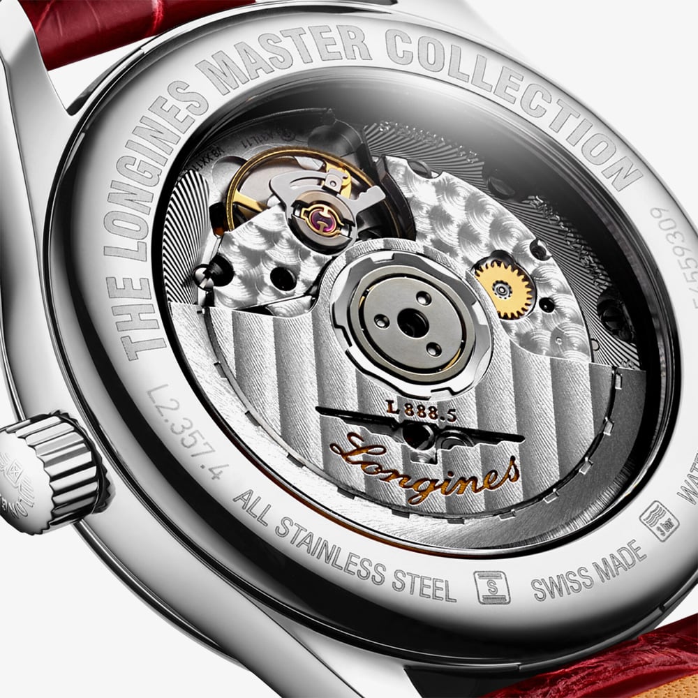 Longines Ladies Master Mother Of Pearl & Red Strap Watch L2.357.4.87.2