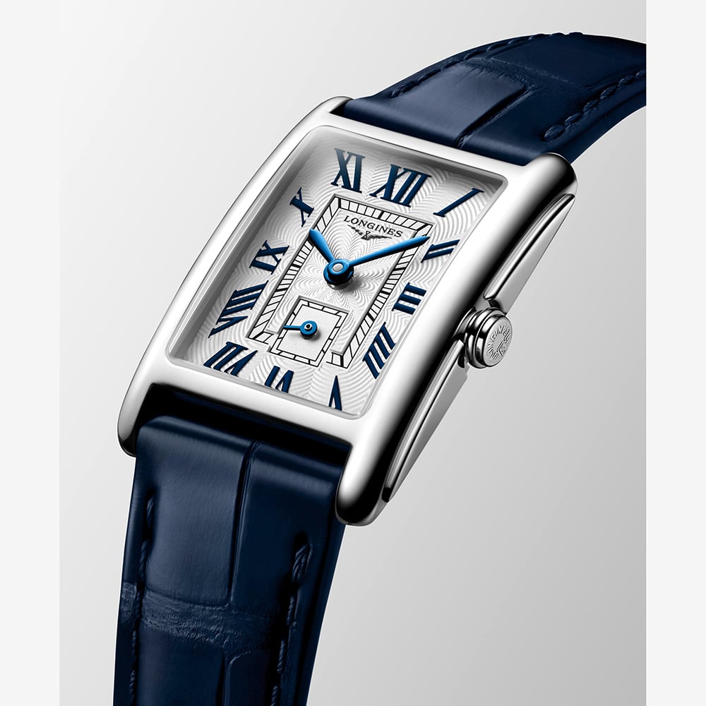 Longines Ladies Dolcevita Silver Rectangle Dial Blue Leather Strap Watch L5.255.4.70.2
