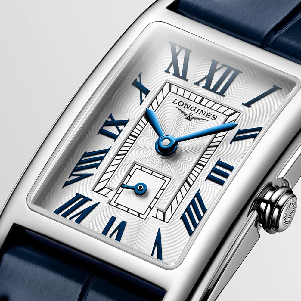 Longines Ladies Dolcevita Silver Rectangle Dial Blue Leather Strap Watch L5.255.4.70.2