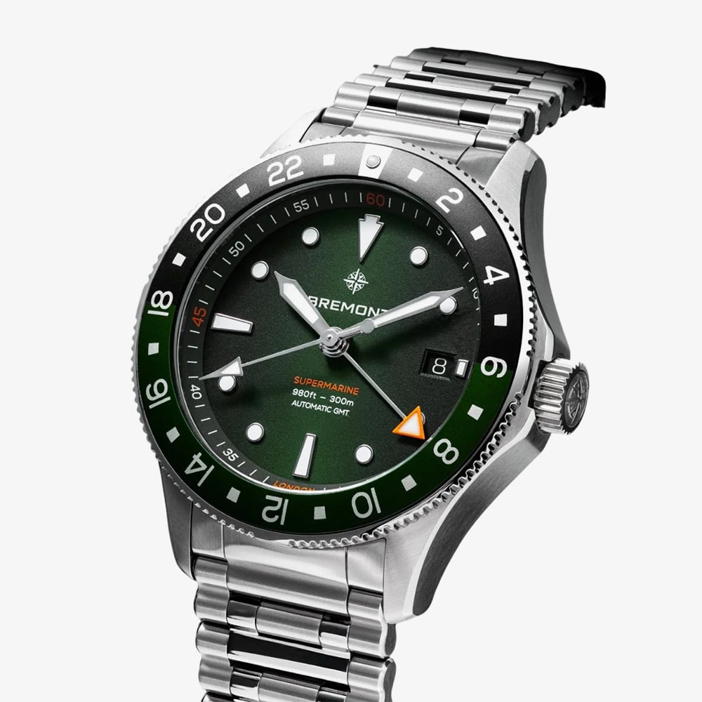 Bremont Mens Supermarine 300m GMT Tundra Green Dial Watch SM40-GMT-SS-GNBK-B