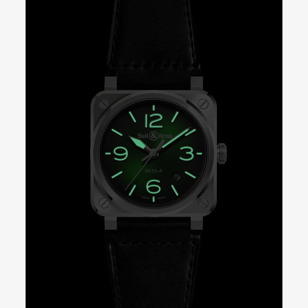 Bell & Ross Mens BR-03 Green Dial Leather Strap Watch BR03A-GN-ST/SCA