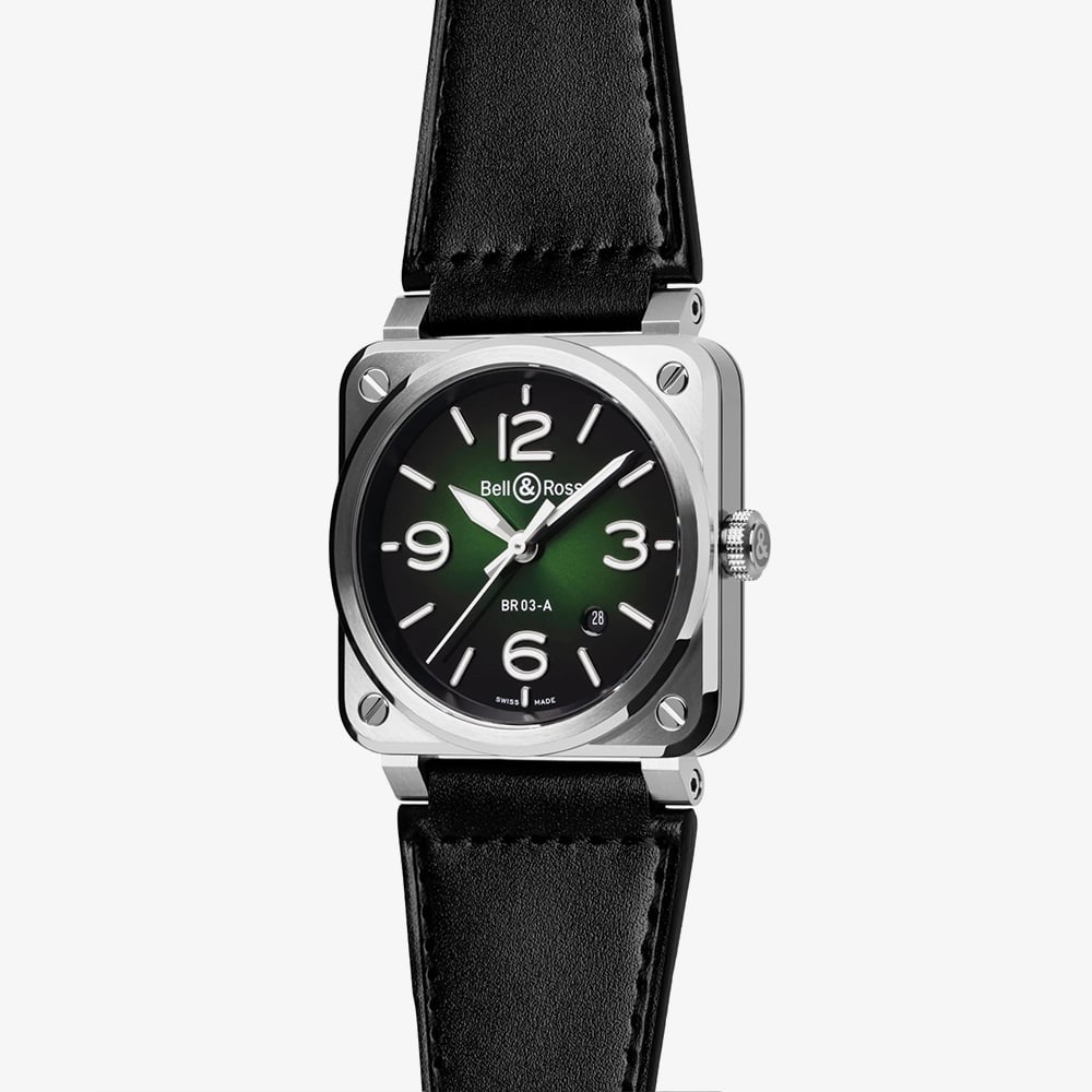 Bell & Ross Mens BR-03 Green Dial Leather Strap Watch BR03A-GN-ST/SCA